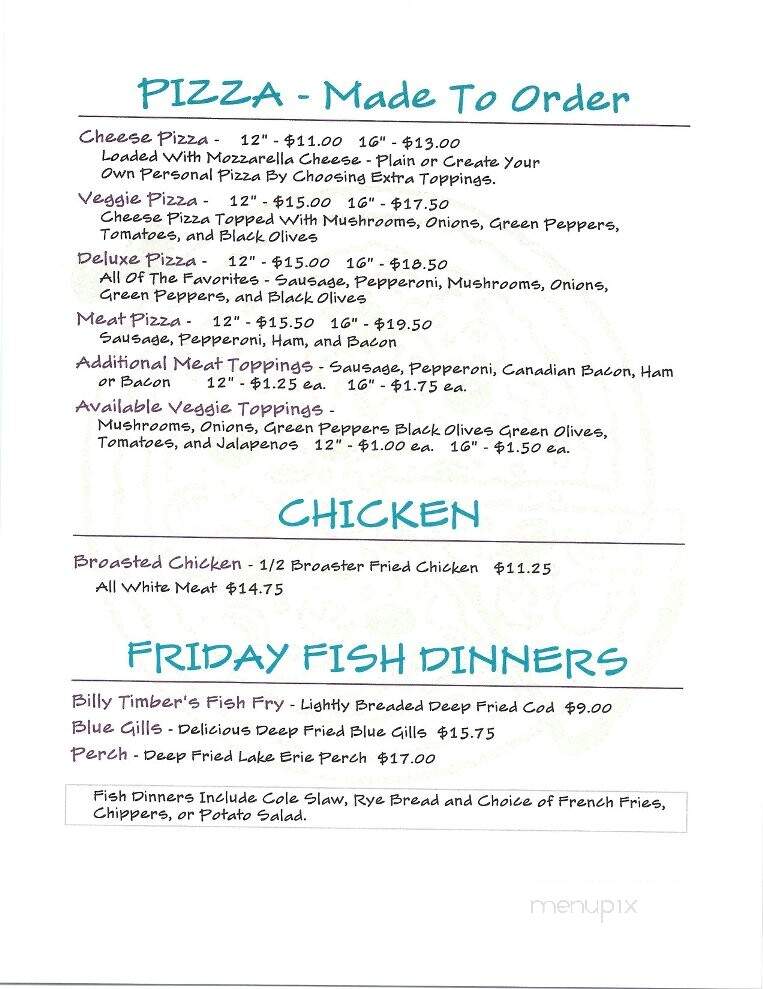 Billy Timbers Pub & Eatery - Summit Lake, WI menu_pic