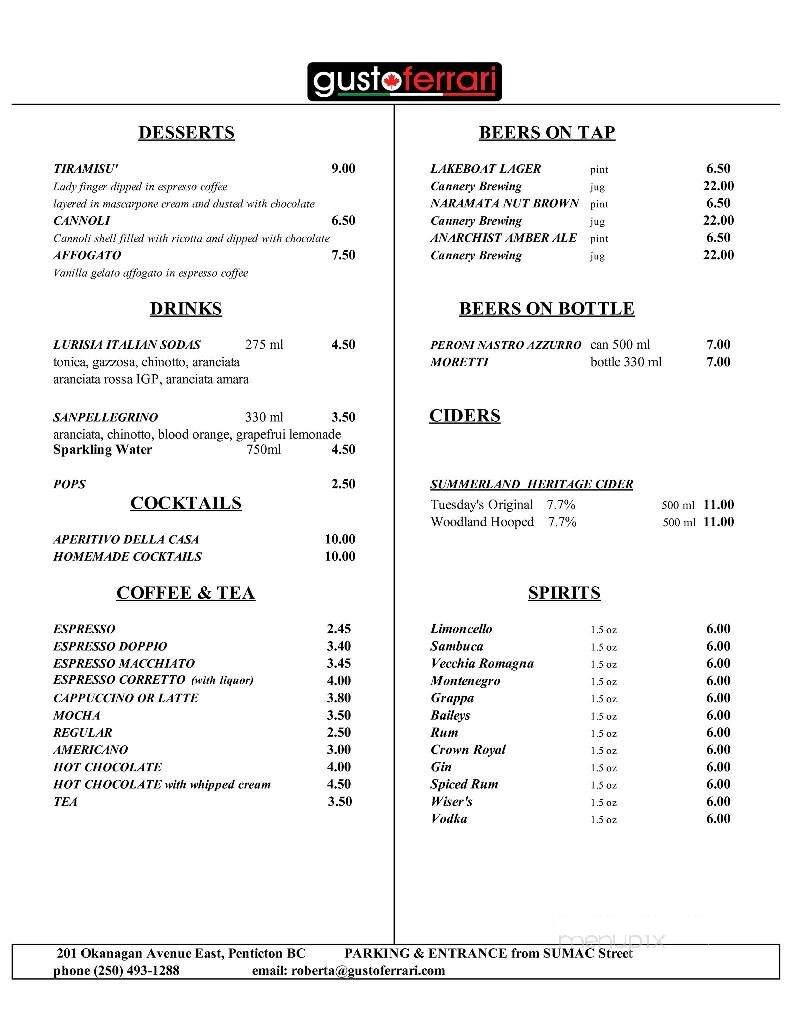 Gusto Ferrari - Penticton, BC menu_pic
