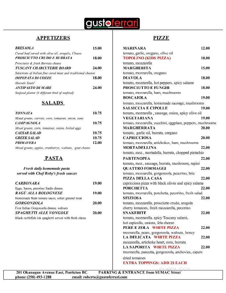 Gusto Ferrari - Penticton, BC menu_pic