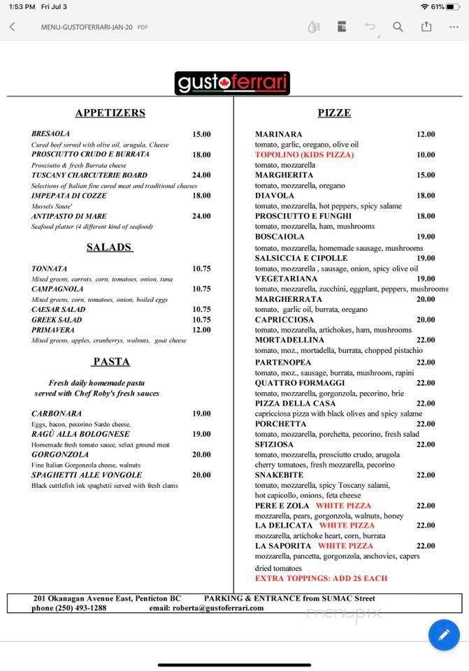 Gusto Ferrari - Penticton, BC menu_pic
