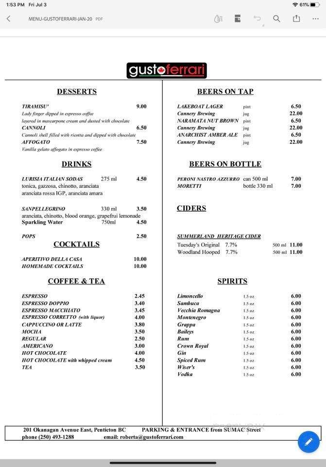 Gusto Ferrari - Penticton, BC menu_pic