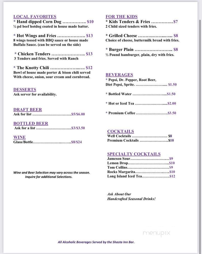 JK's Knotty Grill - Mount Shasta, CA menu_pic