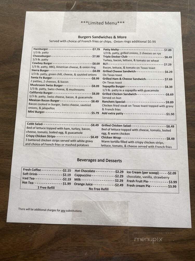 Sierra Grande Restaurant - Des Moines, NM menu_pic