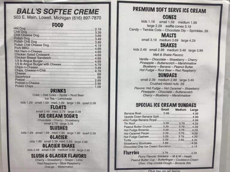 Ball's Softee Creme - Lowell, MI menu_pic