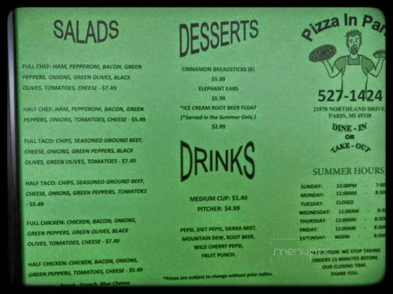 Pizza In Paris - Paris, MI menu_pic