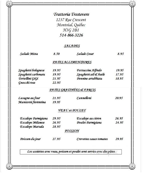 Restaurant Trattoria Trestevere - Montreal, QC menu_pic