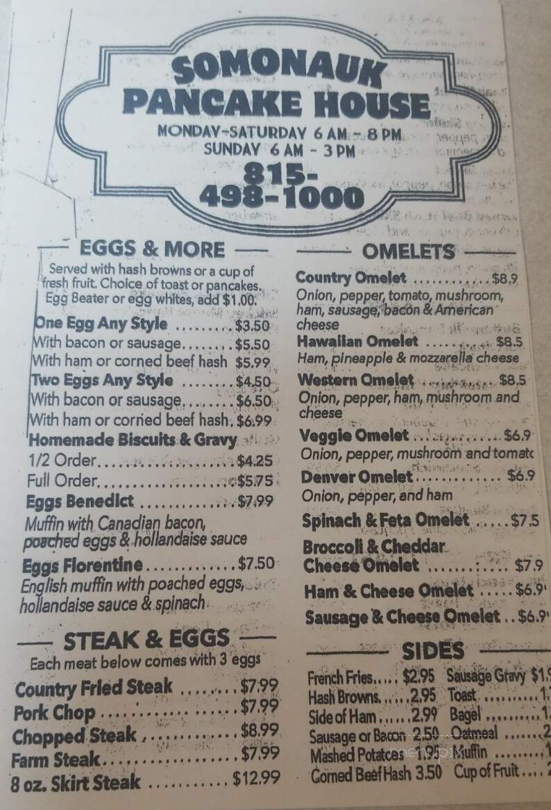 Somonauk Pancake House - Somonauk, IL menu_pic