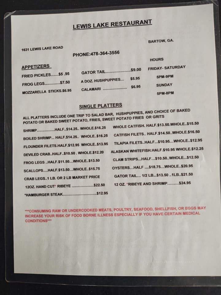 Lewis Lake Restaurant - Bartow, GA menu_pic