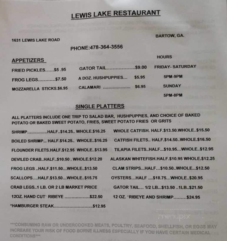 Lewis Lake Restaurant - Bartow, GA menu_pic