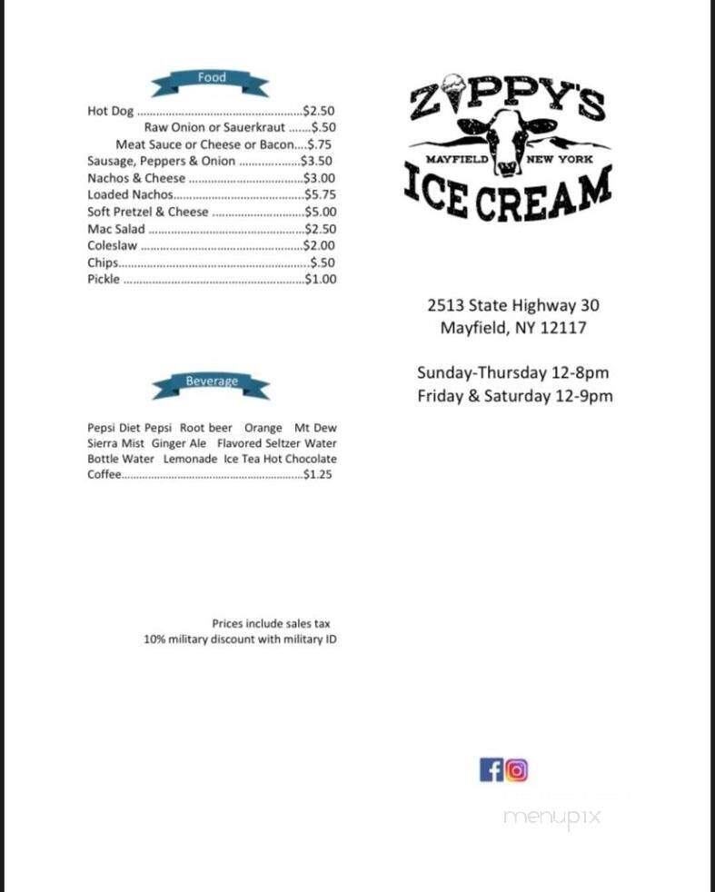 Zippy's Ice Cream - Mayfield, NY menu_pic