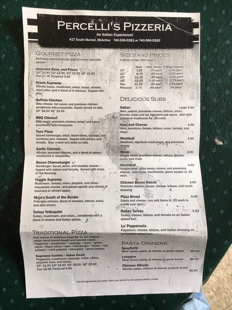 Percelli's Pizza - McArthur, OH menu_pic