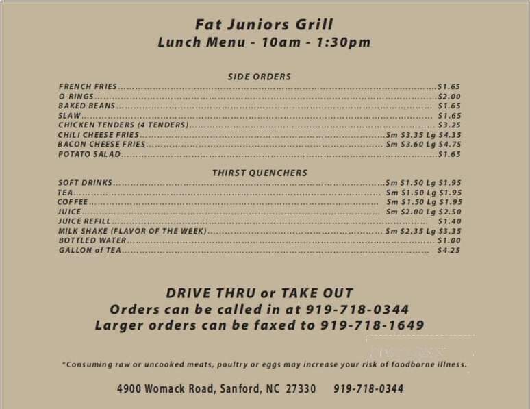 Fat Juniors Grill - Sanford, NC menu_pic