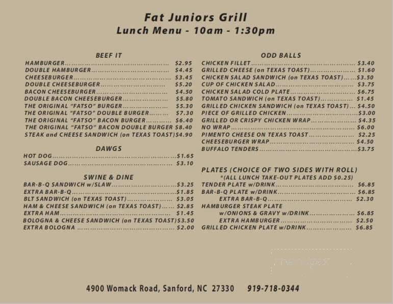 Fat Juniors Grill - Sanford, NC menu_pic
