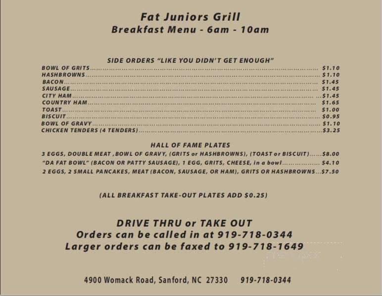 Fat Juniors Grill - Sanford, NC menu_pic