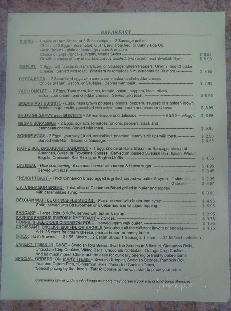 Kaffe Sol - Mount Jewett, PA menu_pic