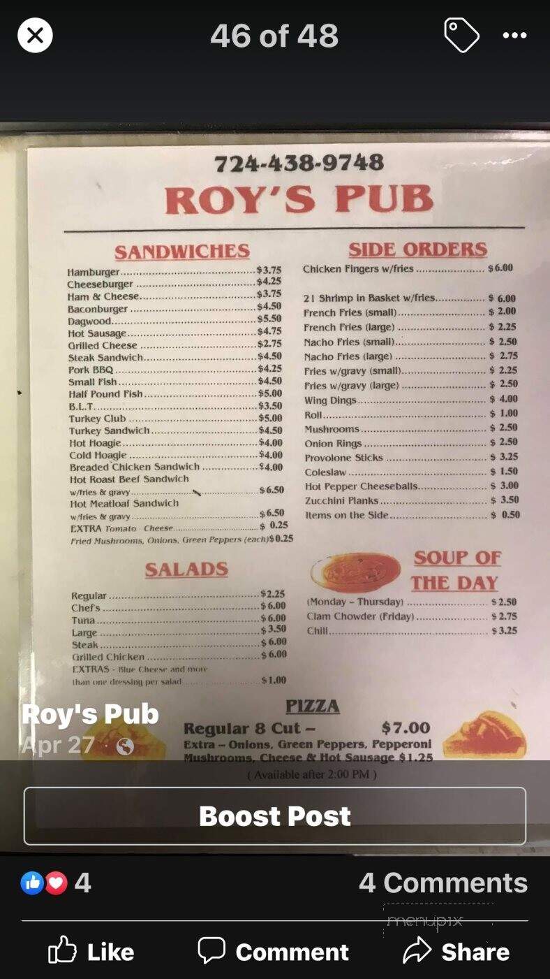 Roy's Pub - Uniontown, PA menu_pic