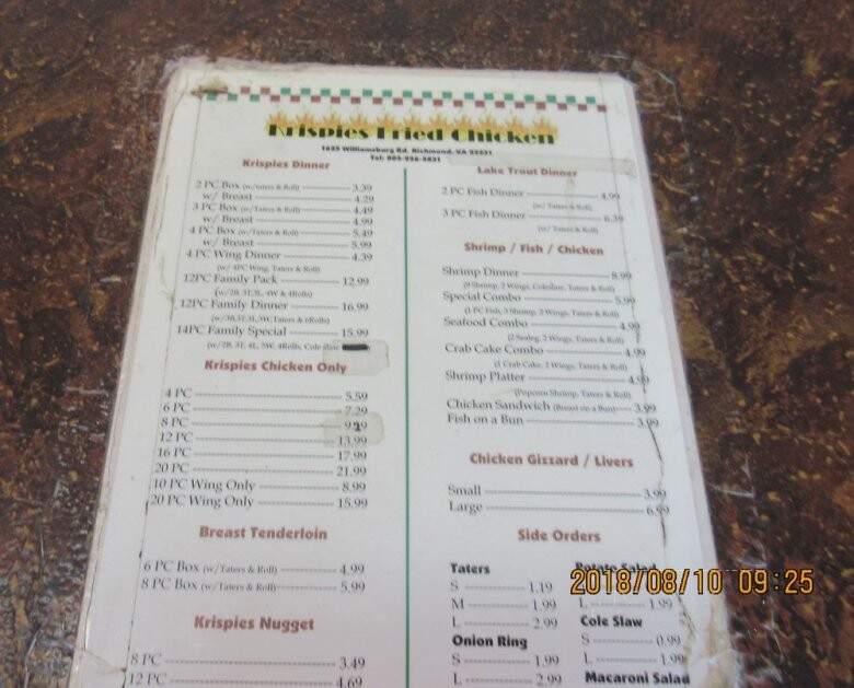 Krispies' Fried Chicken - Richmond, VA menu_pic