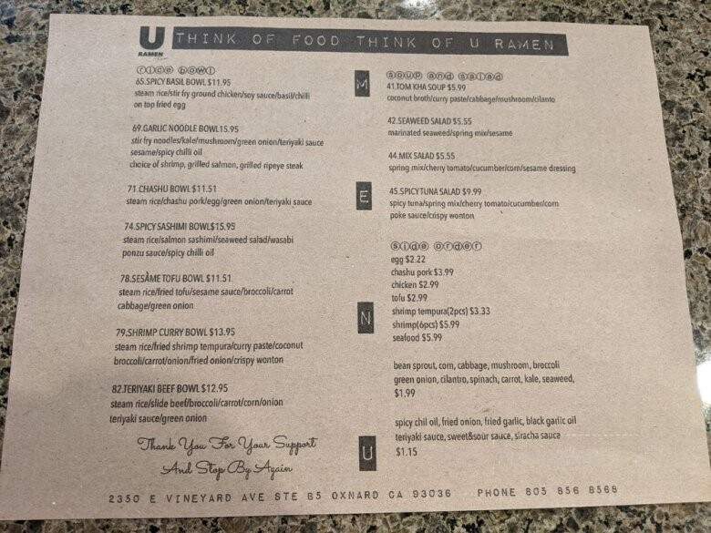 U Ramen - Oxnard, CA menu_pic