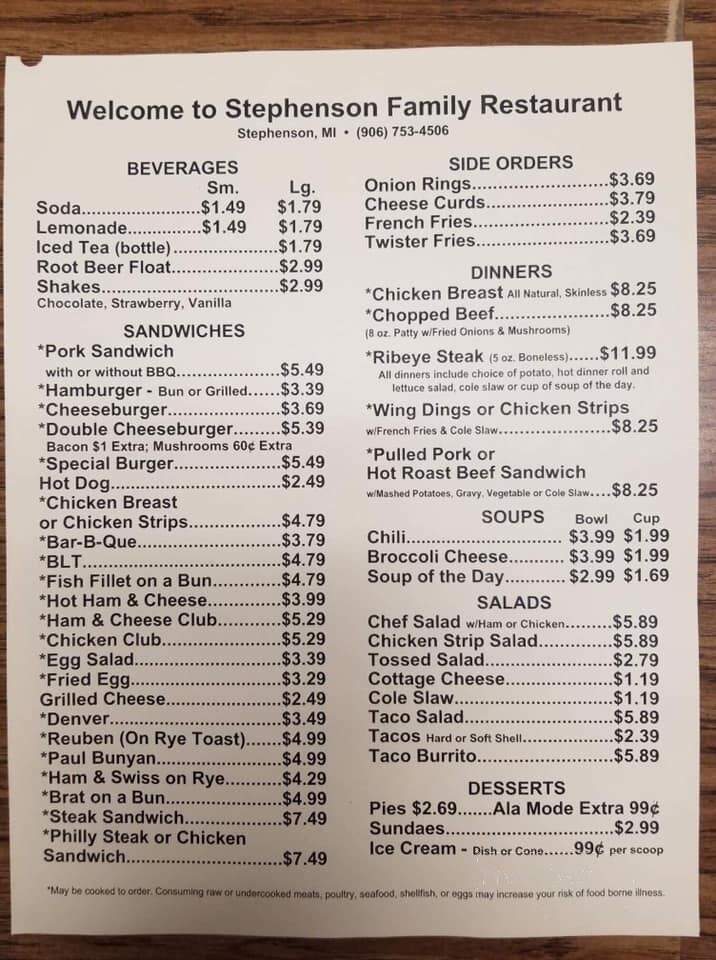 Stephenson Family Restaurant - Stephenson, MI menu_pic