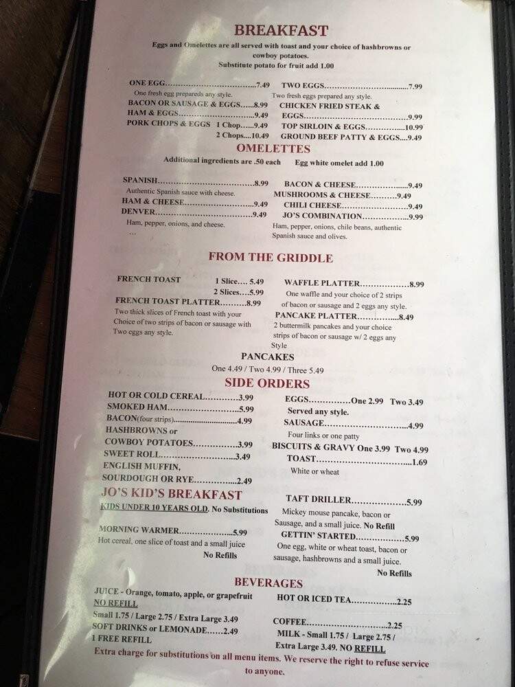 Jo's Restaurant - Taft, CA menu_pic