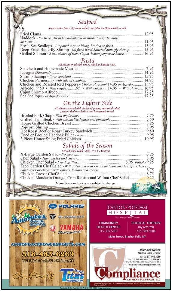 Goose Landing Restaurant - Winthrop, NY menu_pic