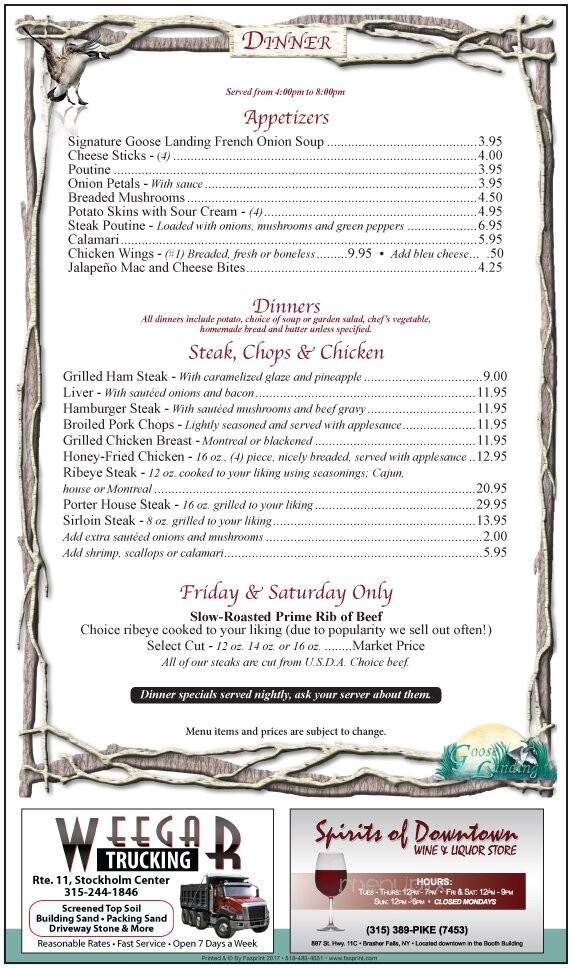 Goose Landing Restaurant - Winthrop, NY menu_pic