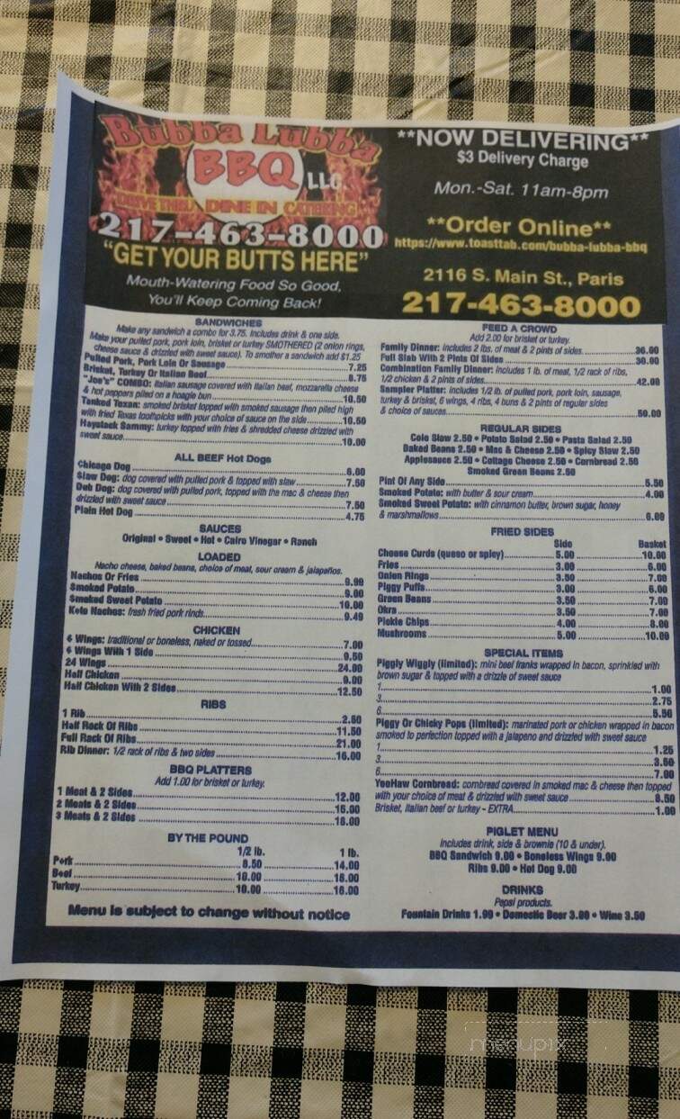 Bubba Lubba BBQ - Paris, IL menu_pic