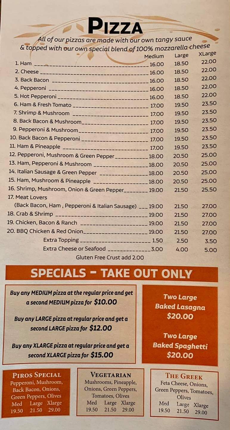 Piros Family Restaurant - Sundre, AB menu_pic