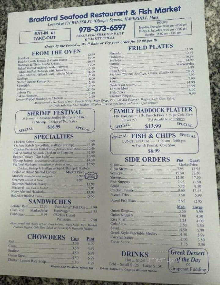 Bradford Seafood Restaurant - Haverhill, MA menu_pic