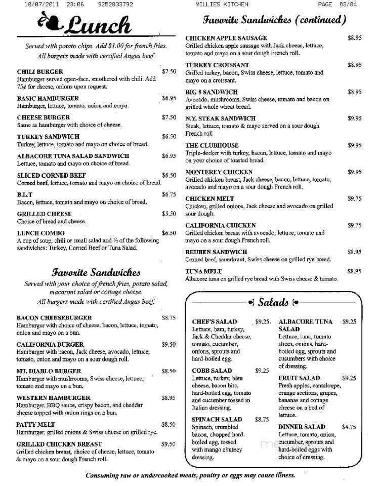 Millie's Kitchen - Lafayette, CA menu_pic