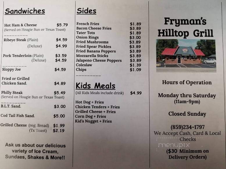 Frymans Hilltop Grill - Cynthiana, KY menu_pic