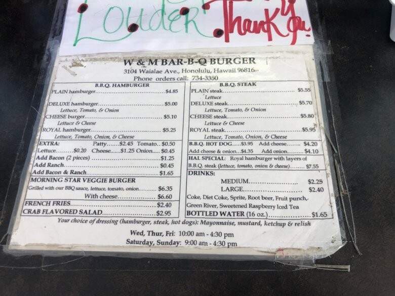 W & M Bar-B-Q Burger - Honolulu, HI menu_pic