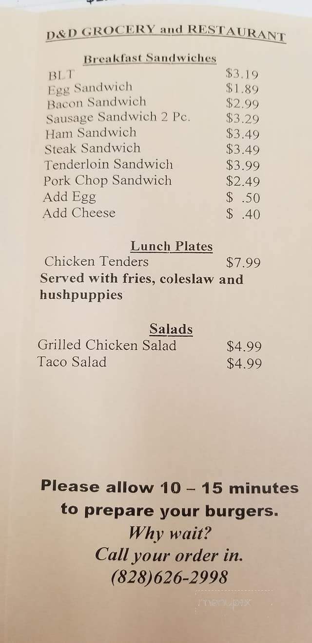 D & D Restaurant - Weaverville, NC menu_pic