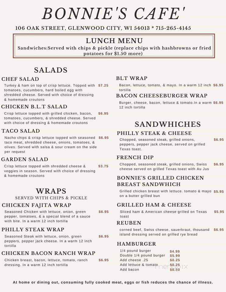Bonnie's Cafe - Glenwood City, WI menu_pic