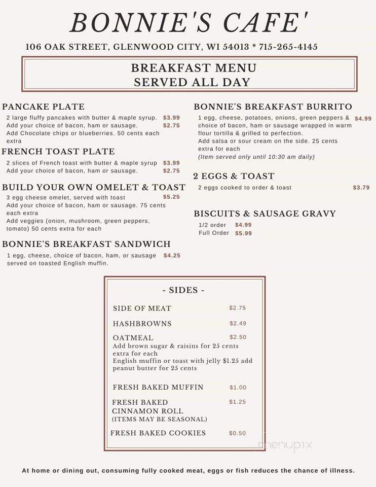 Bonnie's Cafe - Glenwood City, WI menu_pic