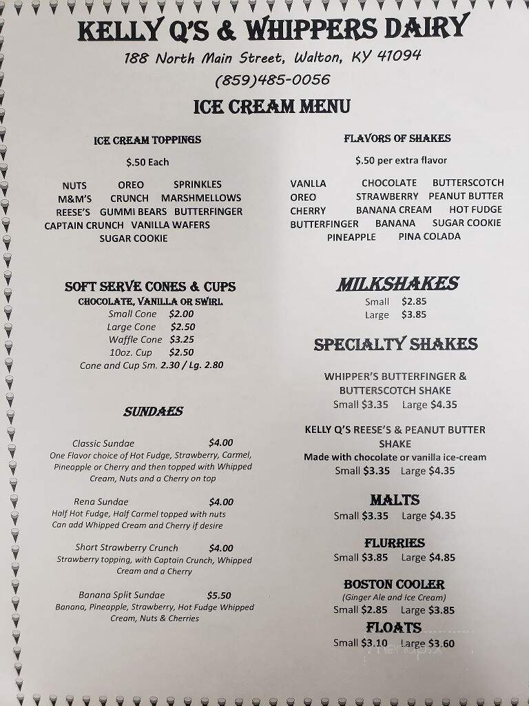 Kelly Q's & Whipper's Dairy - Walton, KY menu_pic