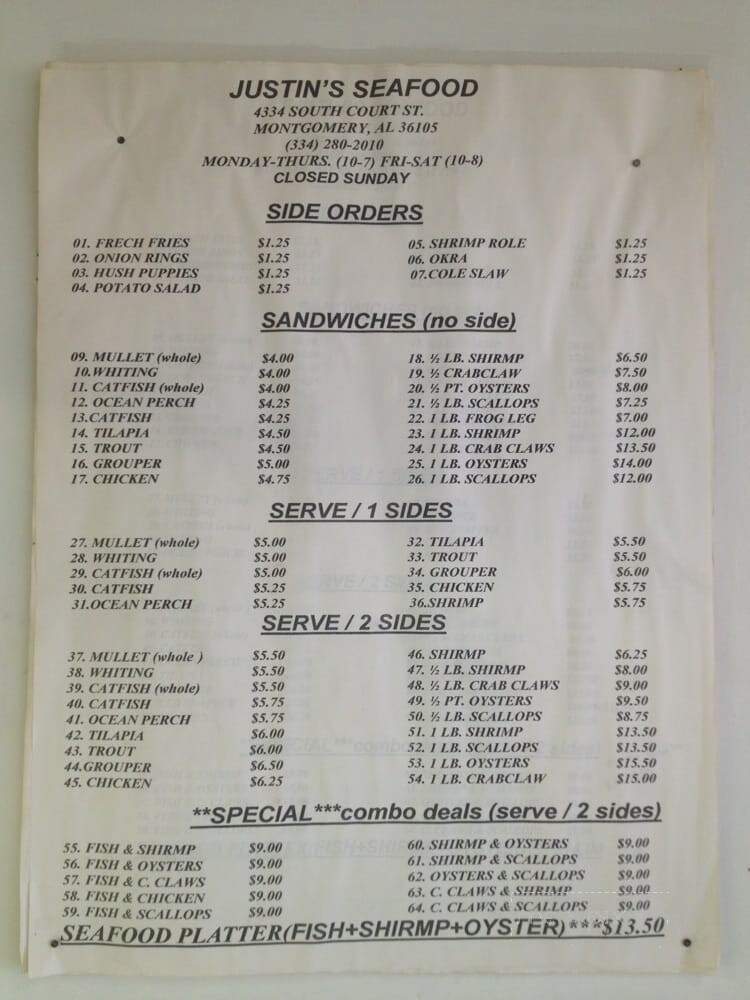 Justin II Seafood - Montgomery, AL menu_pic