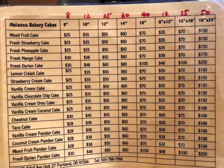 Meianna Bakery - Portland, OR menu_pic