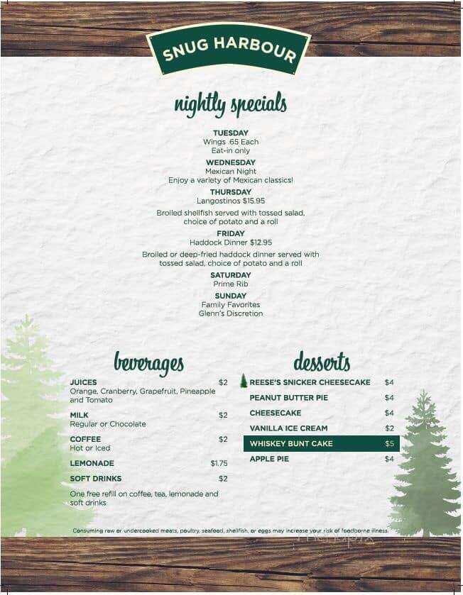 Snug Harbour Restaurant - Fairmount City, PA menu_pic