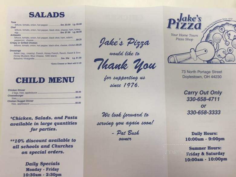 Jake's Pizza - Doylestown, OH menu_pic