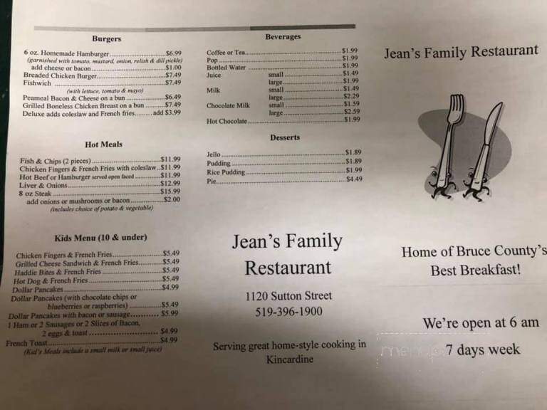 Jean's Family Restaurant - Kincardine, ON menu_pic