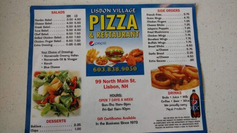 Lisbon Village Pizza - Lisbon, NH menu_pic