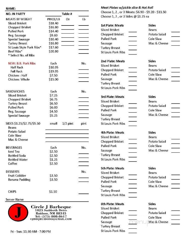 Circle J Bar-B-Que - Ruidoso, NM menu_pic