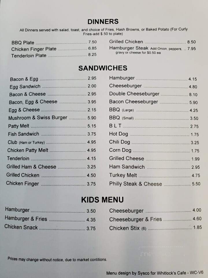 Whitlock's Cafe - Cullman, AL menu_pic