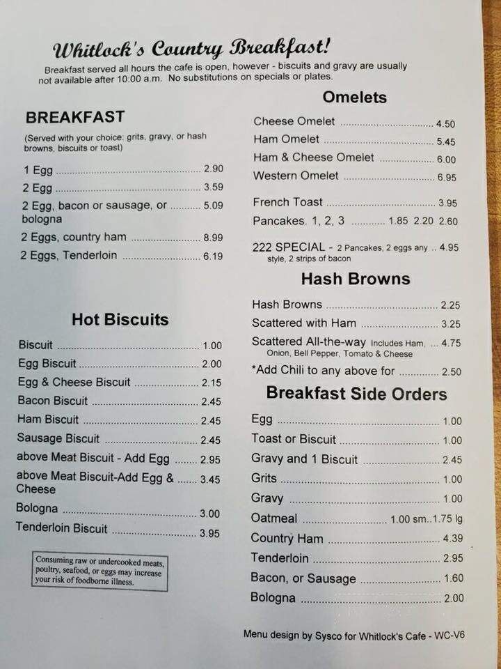 Whitlock's Cafe - Cullman, AL menu_pic