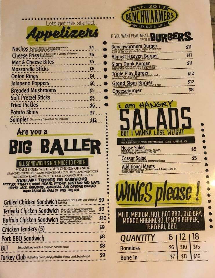 Benchwarmers Sports Bar & Grill - Ranson, WV menu_pic
