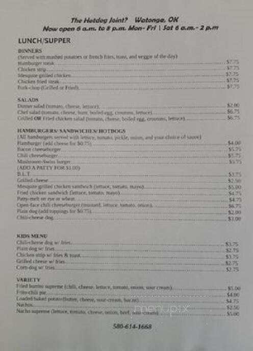 The Hotdog Joint - Watonga, OK menu_pic