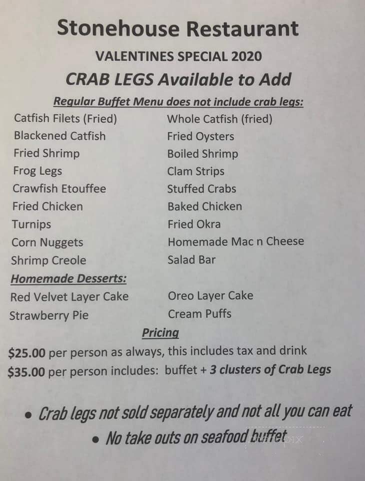 Stone House Restaurant - Purvis, MS menu_pic