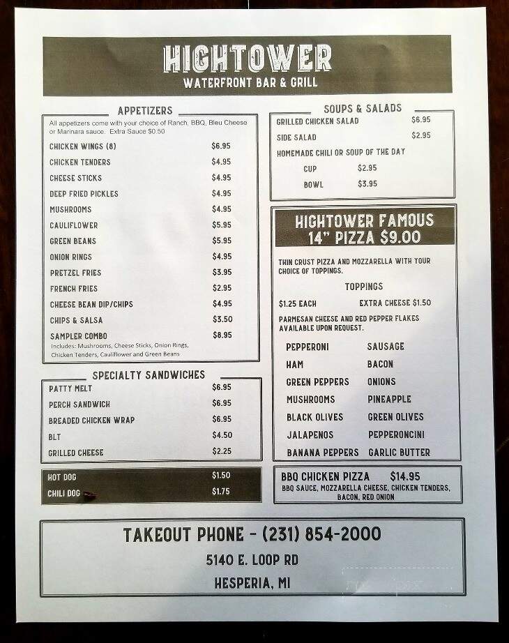 Hightower Bar & Grill - Hesperia, MI menu_pic