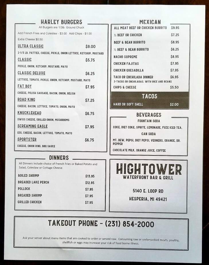 Hightower Bar & Grill - Hesperia, MI menu_pic